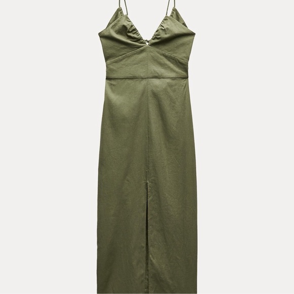 Zara Olive Green Linen Dress Strappy - Picture 4 of 10